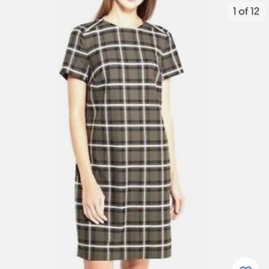 Banana Republic Olive Green Plaid Shift Dress Short Sleeve Pockets